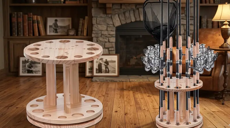 Ultimate 360° Rotating Wooden Fishing Rod Rack: The Space-Saving Solution for Anglers